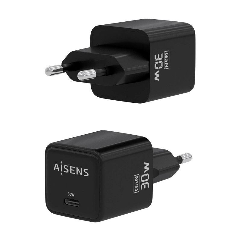 AISENS Gan 30W Charger, 1xUSB-C PD3.0 QD4.0, Black