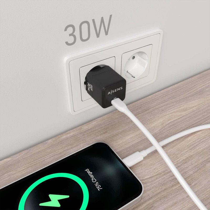 AISENS Gan 30W Charger, 1xUSB-C PD3.0 QD4.0, Black