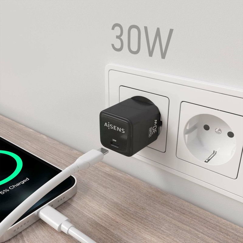 AISENS Gan 30W Charger, 1xUSB-C PD3.0 QD4.0, Black
