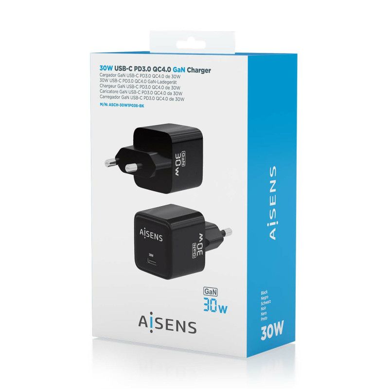 AISENS Gan 30W Charger, 1xUSB-C PD3.0 QD4.0, Black