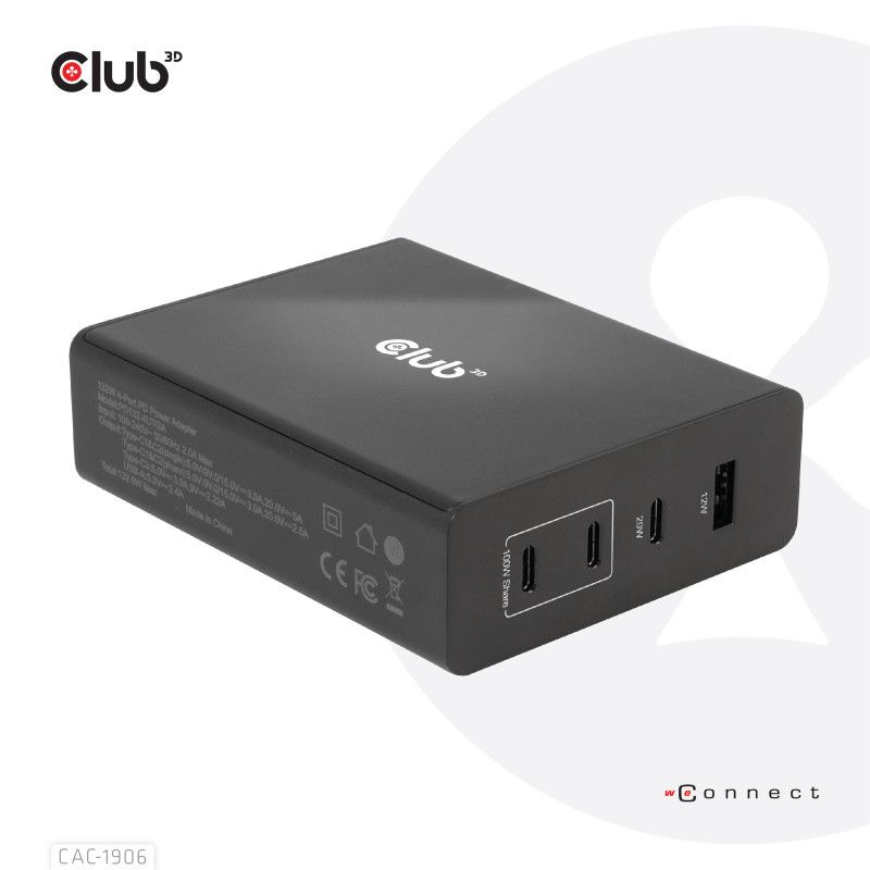 CLUB3D Travel Charger 132W GAN technology, Four port USB Type-A and -C, Power Delivery(PD) 3.0 Support
