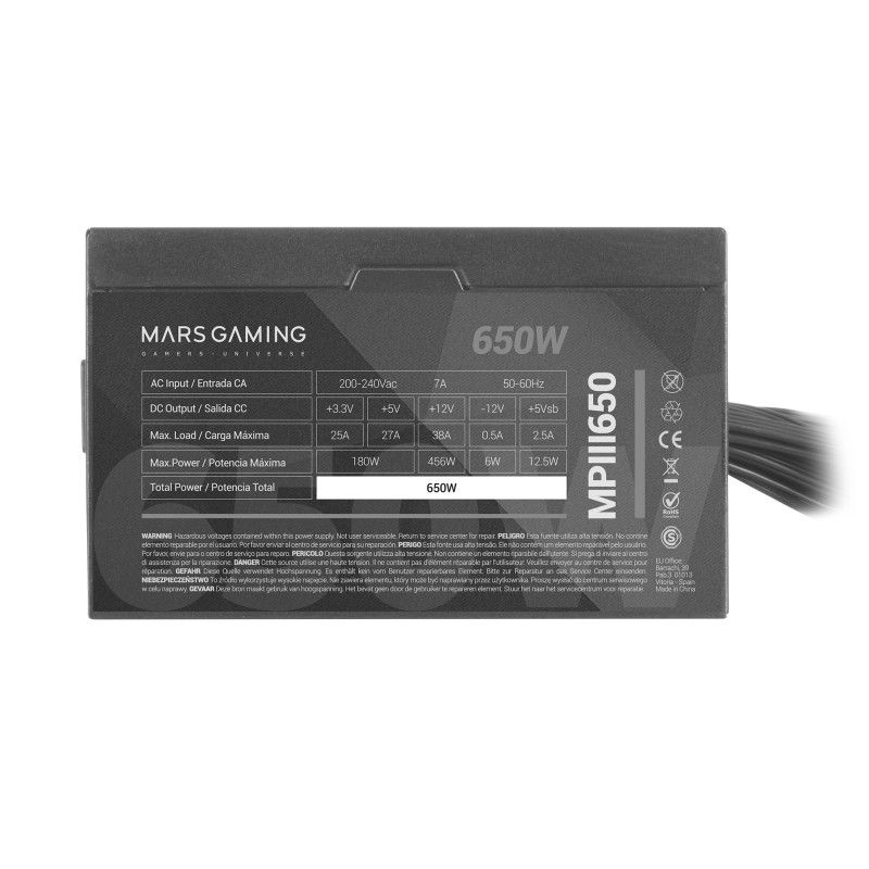 Mars Gaming MPIII650 PC ATX 650W Power Supply 5 Years Warranty Silent AI-RPM Technology 85% Efficiency Black